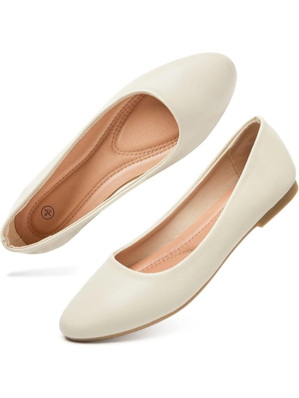 Women's Beige Comfortable PU Leather Round Toe Solid Slip on Ballet Flat Shoes